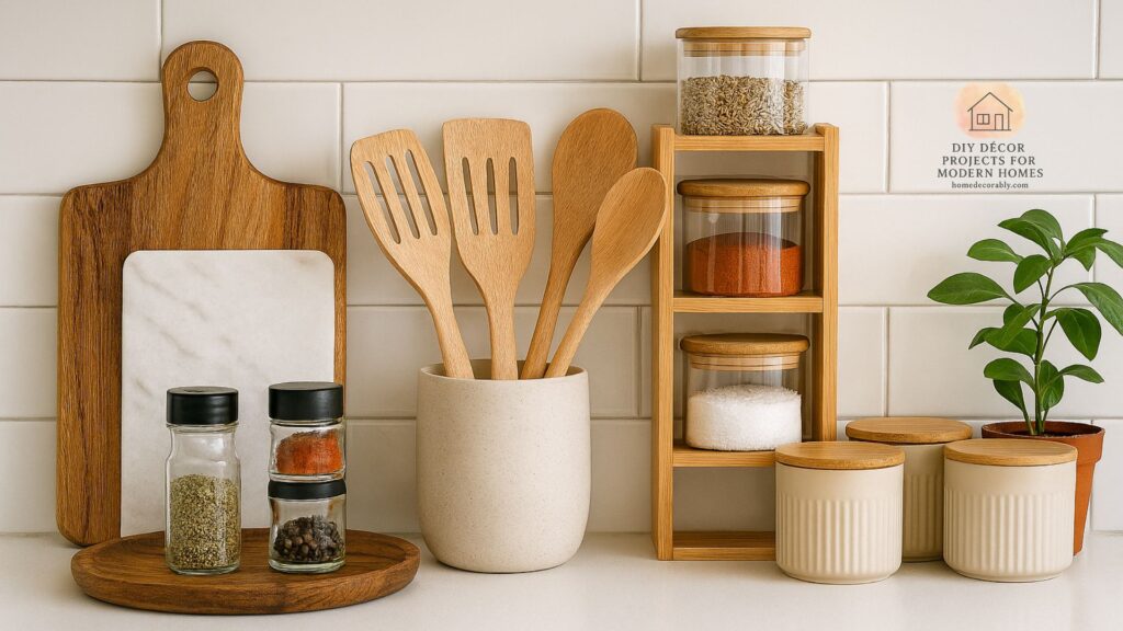 Decorative yet functional kitchen items including cutting boards, spice racks, and storage canisters styled in a modern kitchen setting