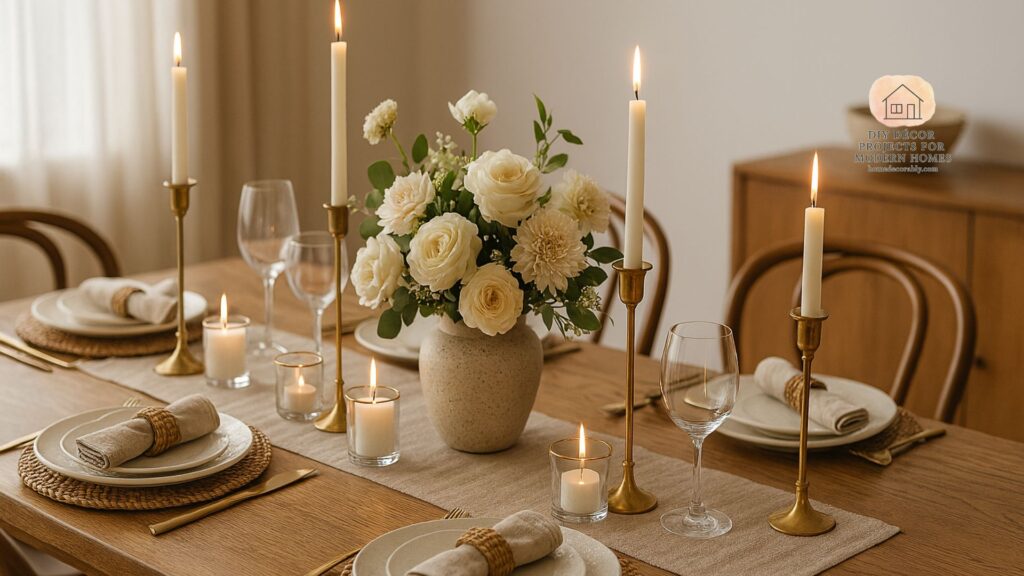 Dining table decor accessories ideas with candles, flowers, and elegant tableware creating a stylish atmosphere.