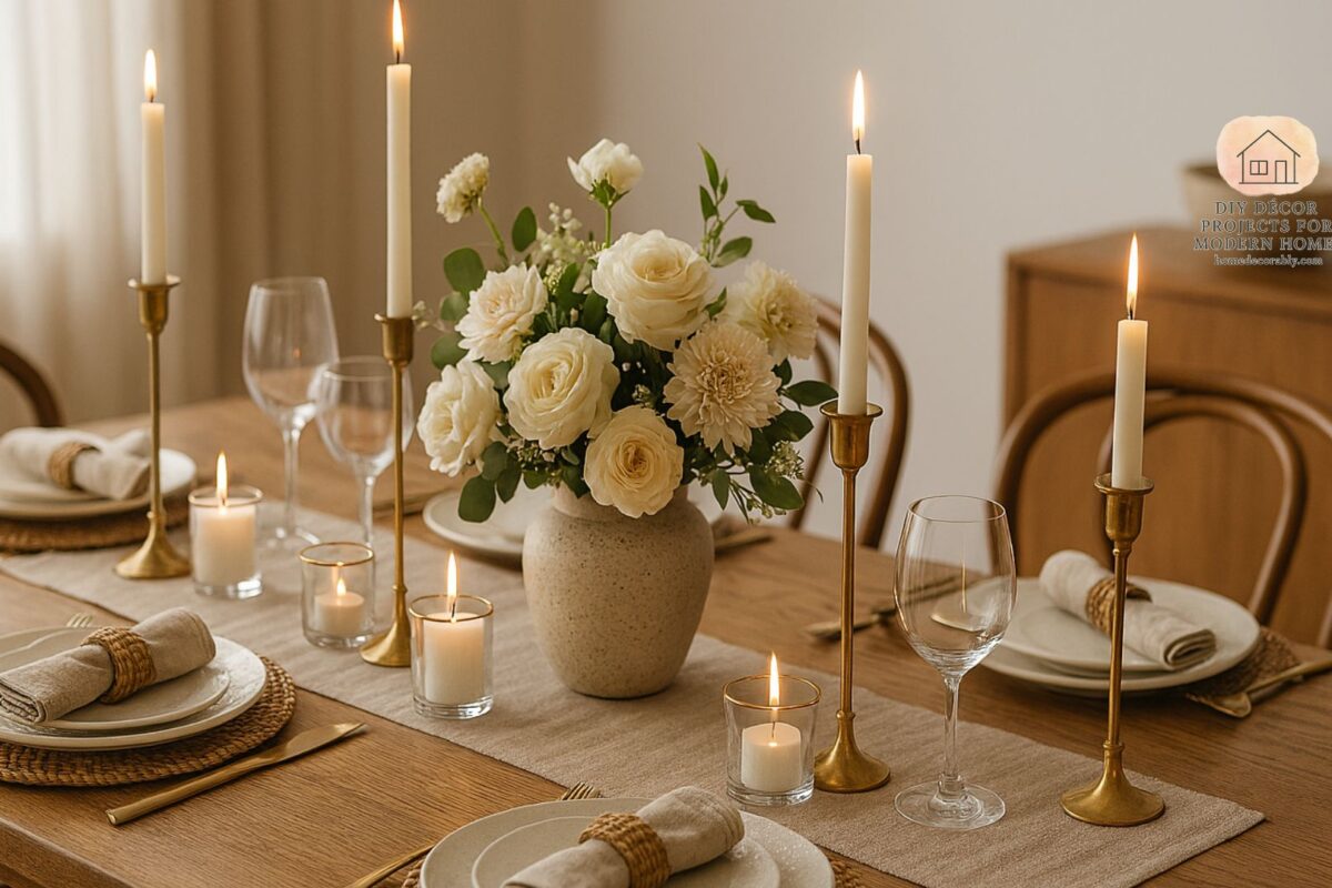 Dining table decor accessories ideas with candles, flowers, and elegant tableware creating a stylish atmosphere.