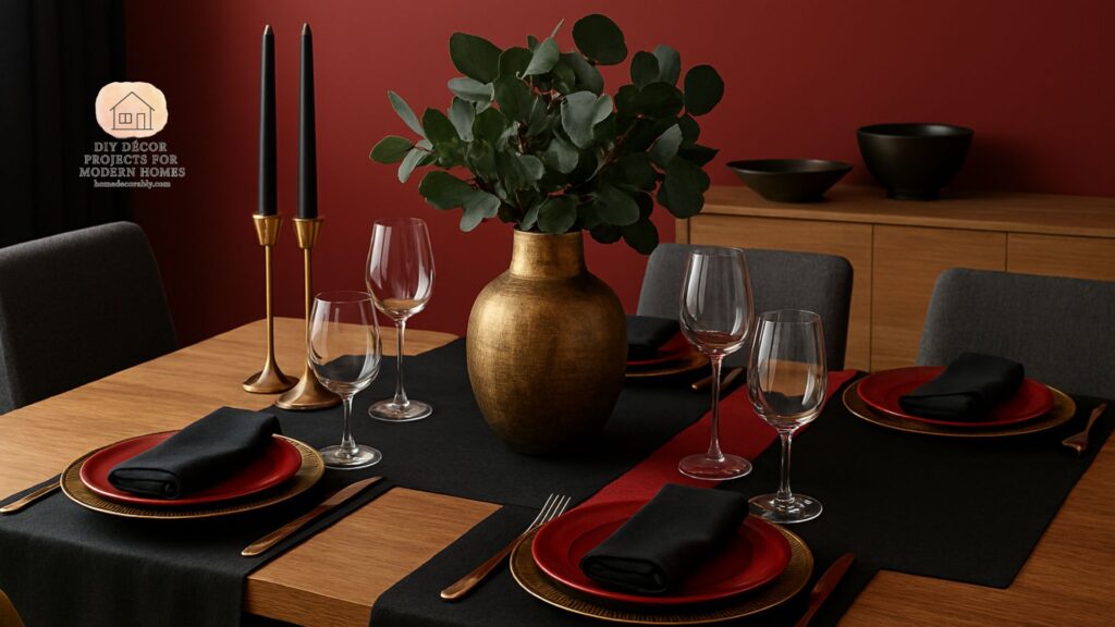 A stylish dining table decorated with bold color combinations, elegant tableware, and modern accents reflecting creative dining table decor ideas.