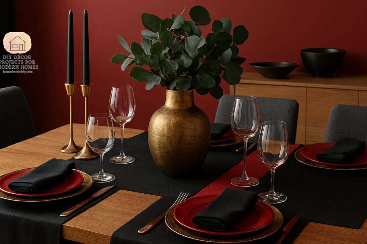 A stylish dining table decorated with bold color combinations, elegant tableware, and modern accents reflecting creative dining table decor ideas.