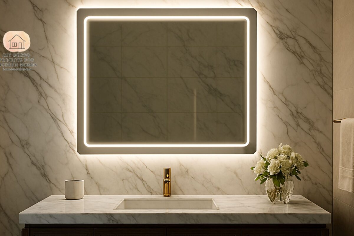 Elegant high-end bathroom mirror design with LED lighting and marble vanity for a luxurious atmosphere.