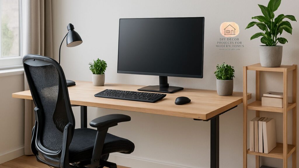 Ergonomic desk and chair setup in a modern home office promoting comfort, focus, and productivity