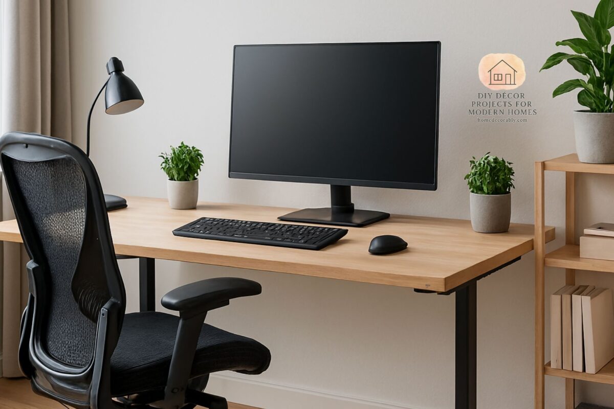 Ergonomic desk and chair setup in a modern home office promoting comfort, focus, and productivity