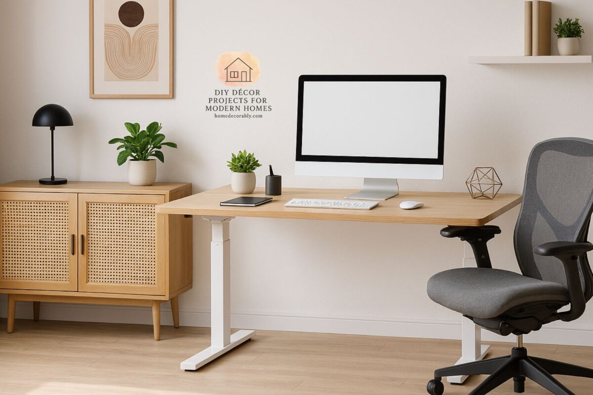 Ergonomic desk benefits for stylish home office decor with modern furniture and productivity setup