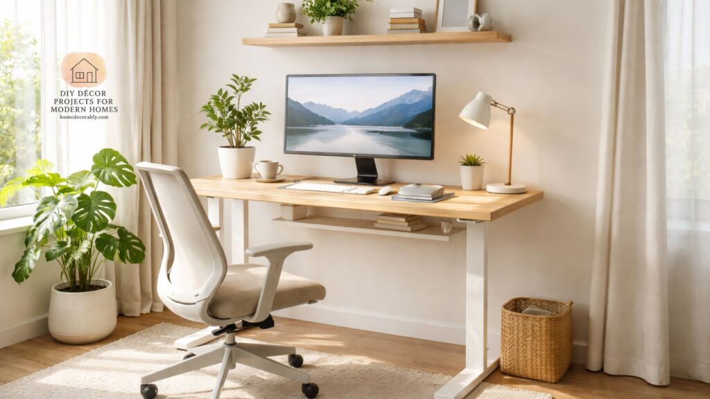 Ergonomic desk for small space with modern compact design, adjustable height, and smart storage features