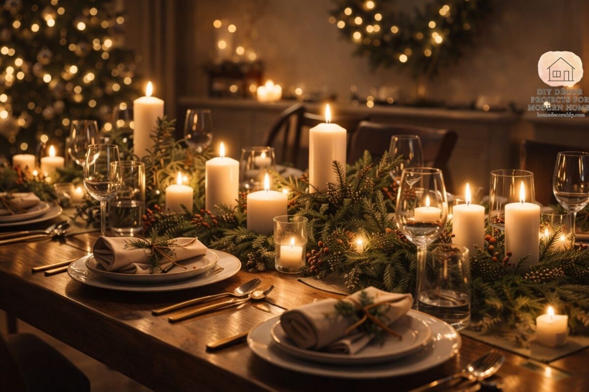 Festive dining table styling with candles, greenery, and elegant tableware creating a warm celebratory mood.