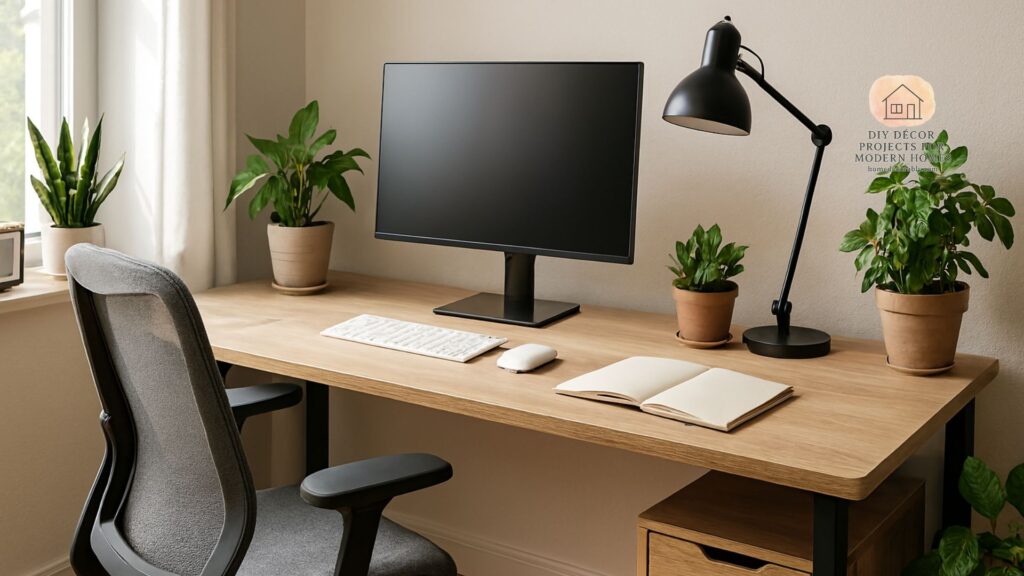 Ergonomic desk with natural light, plants, and organized workspace showcasing a healthy home office setup mood