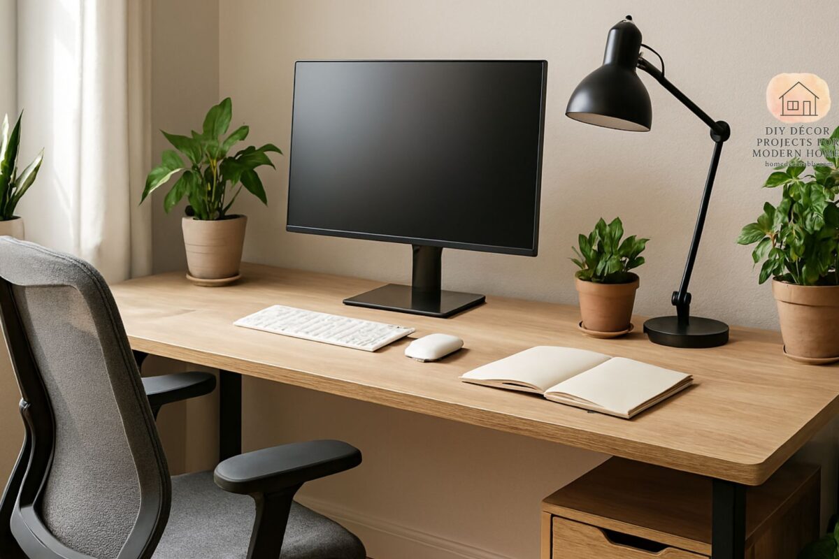 Ergonomic desk with natural light, plants, and organized workspace showcasing a healthy home office setup mood