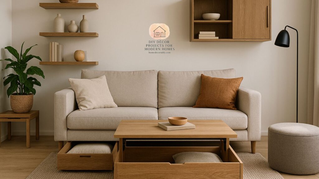 A modern small living room featuring hidden storage ideas with ottomans, shelves, and under-sofa drawers for a clutter-free look.