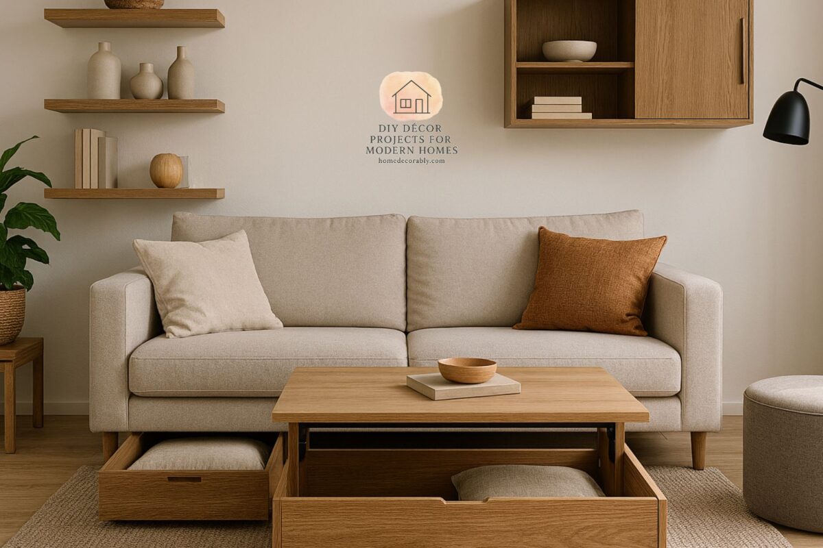 A modern small living room featuring hidden storage ideas with ottomans, shelves, and under-sofa drawers for a clutter-free look.