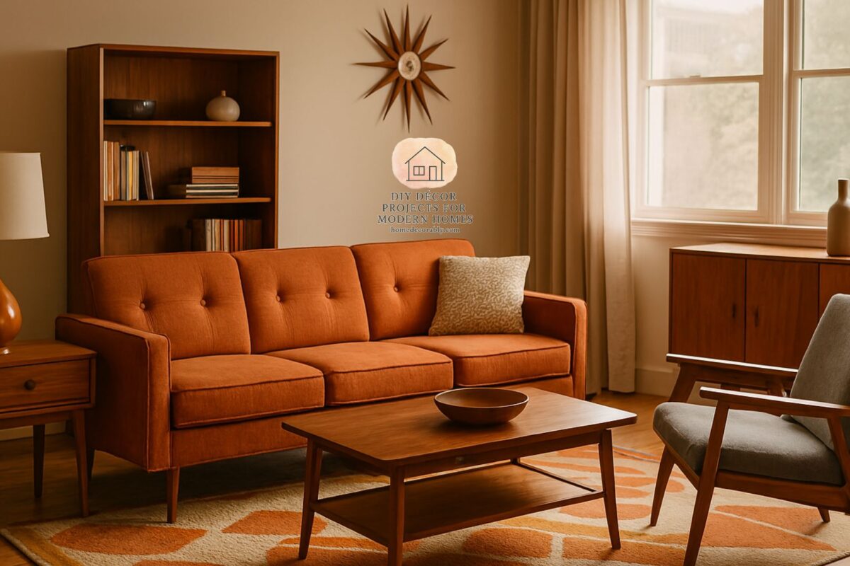 Cozy living room styled with mid century modern furniture on a budget, featuring thrifted pieces and warm retro tones