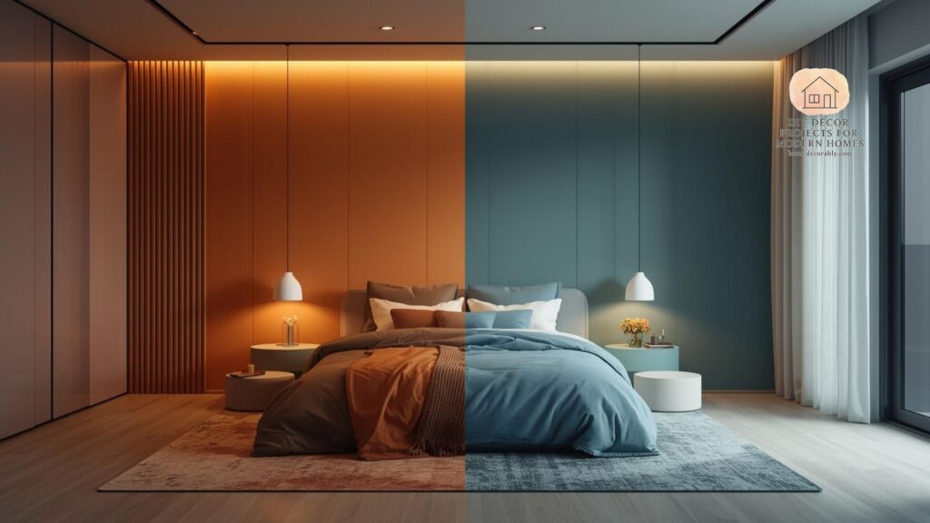 Warm vs cool bedroom colors comparison showing cozy warm tones and calming cool shades in a modern bedroom