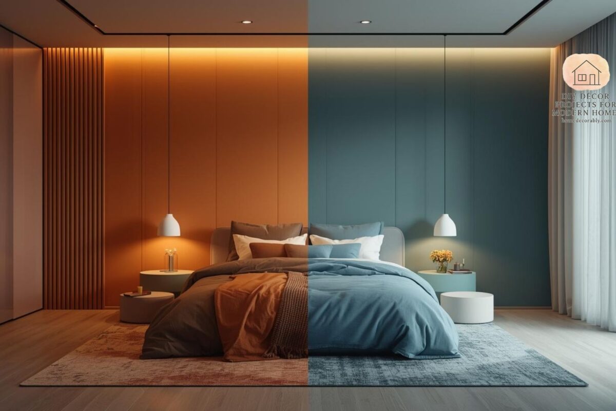 Warm vs cool bedroom colors comparison showing cozy warm tones and calming cool shades in a modern bedroom