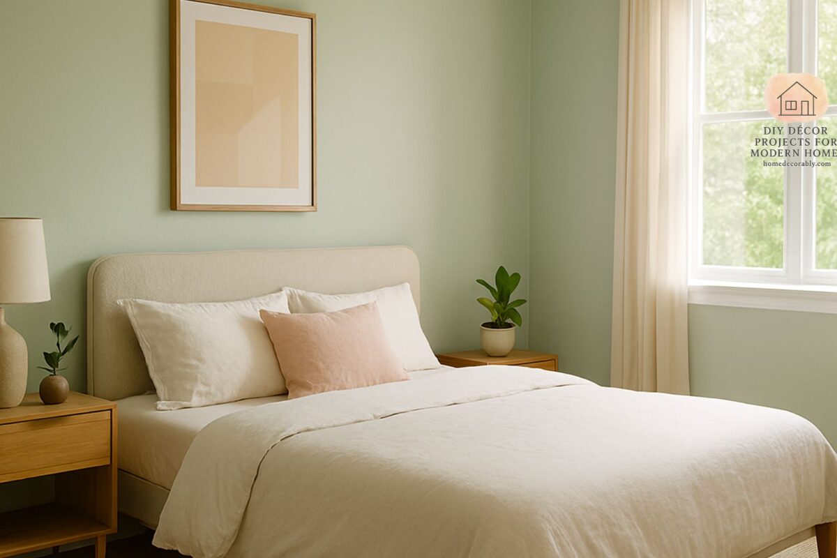 Bright and cozy bedroom with soft pastel walls, natural light accents, and balanced furniture arrangement