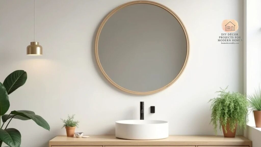 Affordable aesthetic bathroom mirror with soft lighting in a modern minimalist bathroom setting