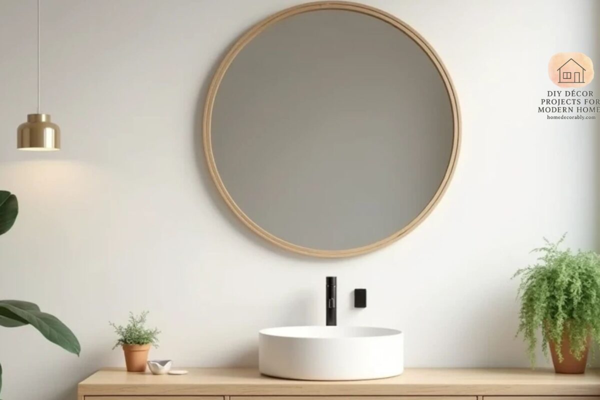 Affordable aesthetic bathroom mirror with soft lighting in a modern minimalist bathroom setting
