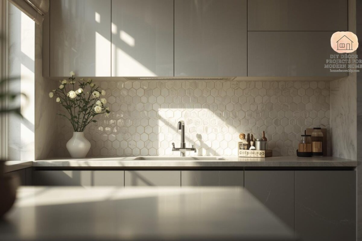 Modern small kitchen with stylish backsplash design, bright lighting, clean countertops, and cozy atmosphere