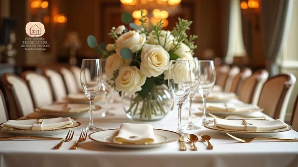 Luxury dining room table styling with elegant linens, crystal glassware, and floral centerpiece.