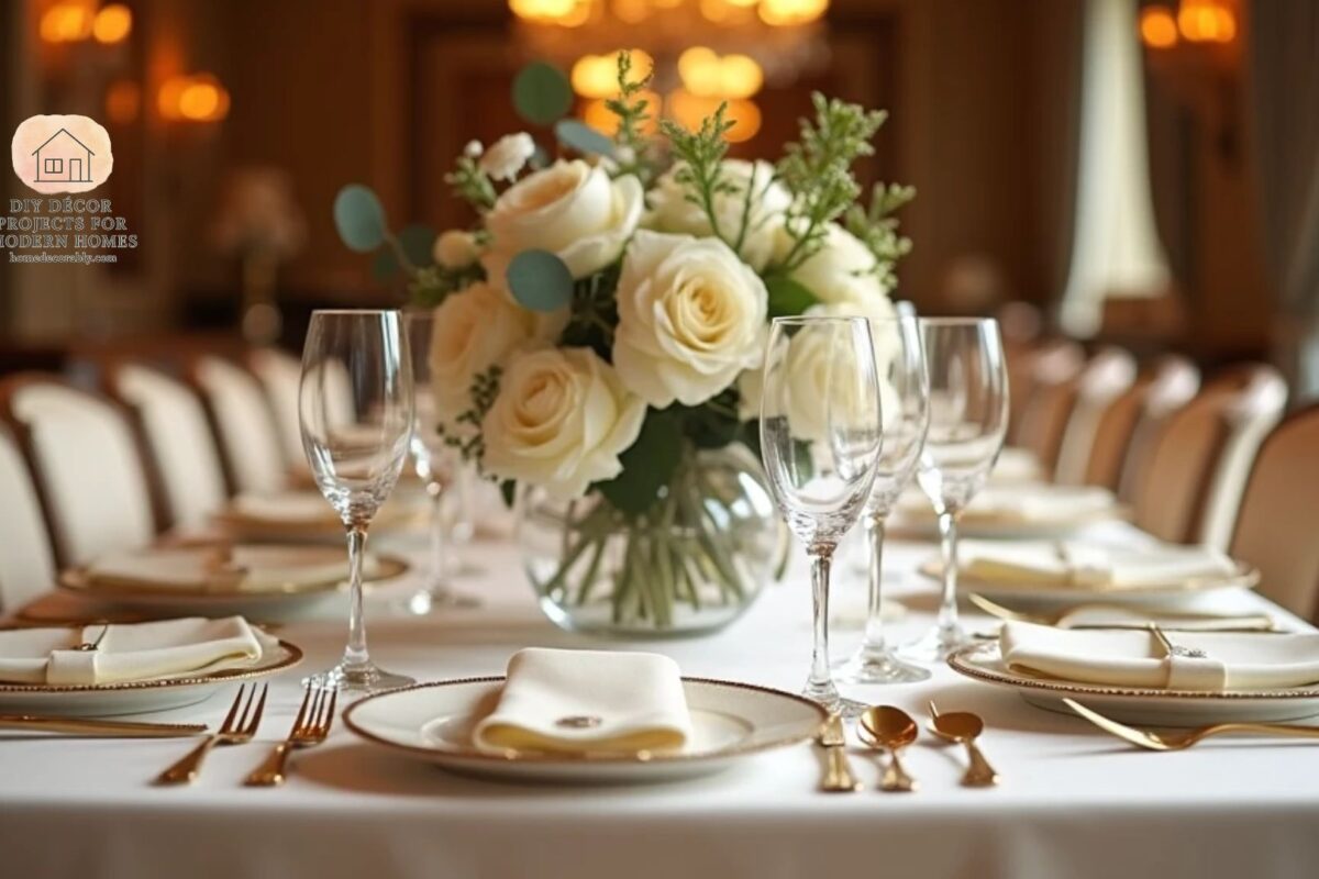 Luxury dining room table styling with elegant linens, crystal glassware, and floral centerpiece.