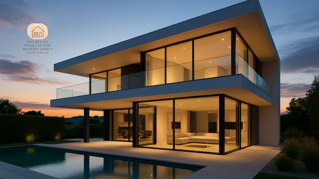 Ultra modern house exterior with futuristic design, sleek glass walls, and minimalist architecture showcasing future living