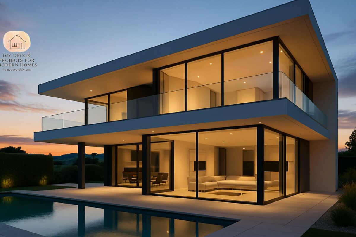 Ultra modern house exterior with futuristic design, sleek glass walls, and minimalist architecture showcasing future living