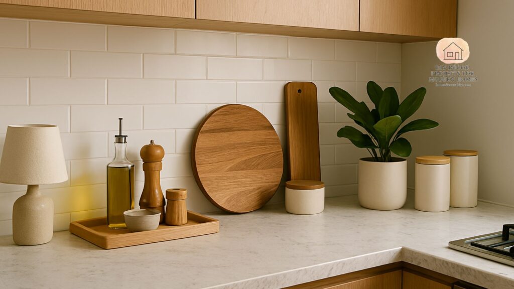 Modern kitchen with cheap kitchen countertop decoration ideas including trays, plants, and canisters