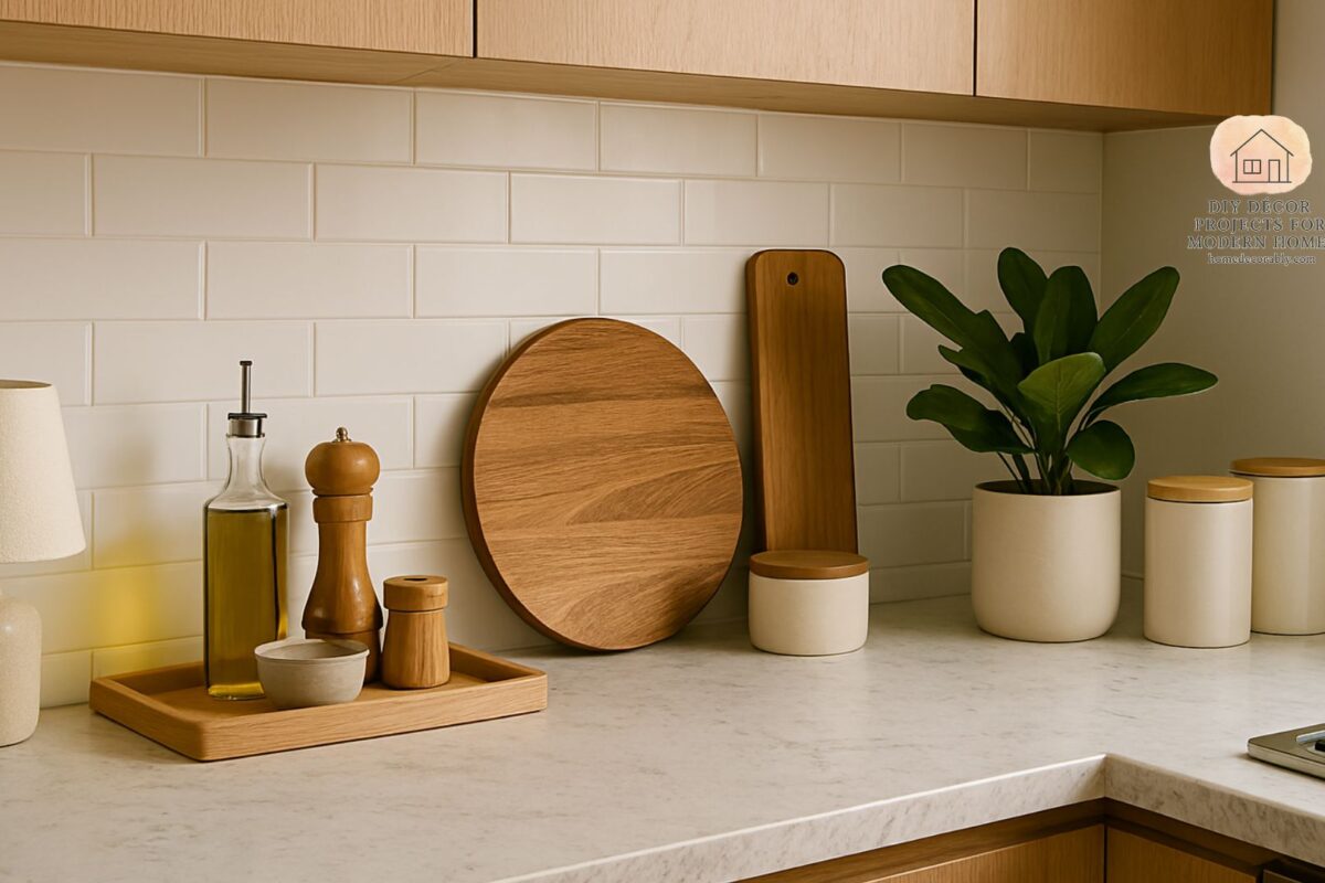 Modern kitchen with cheap kitchen countertop decoration ideas including trays, plants, and canisters