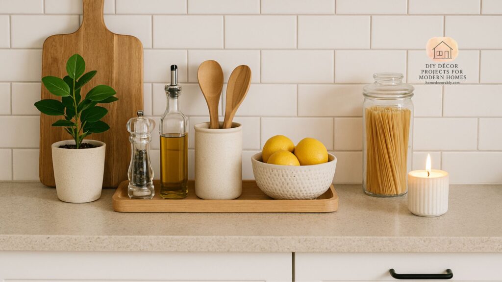 Minimalist low budget kitchen counter decor with plants, trays, and glass jars creating a stylish yet affordable look
