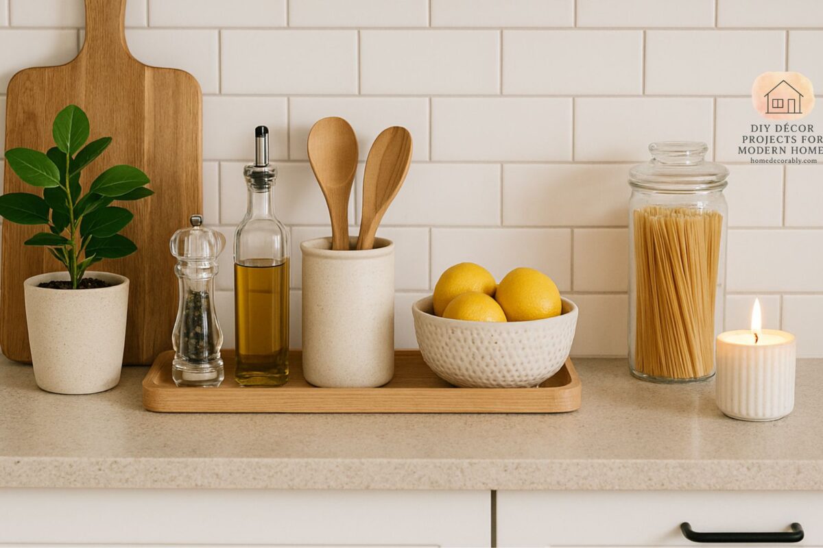 Minimalist low budget kitchen counter decor with plants, trays, and glass jars creating a stylish yet affordable look