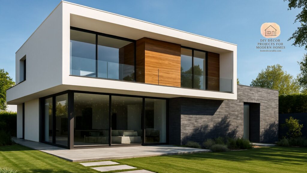 Modern house outside with sleek minimalist design, large glass windows, and eco-friendly greenery creating a stunning curb appeal.