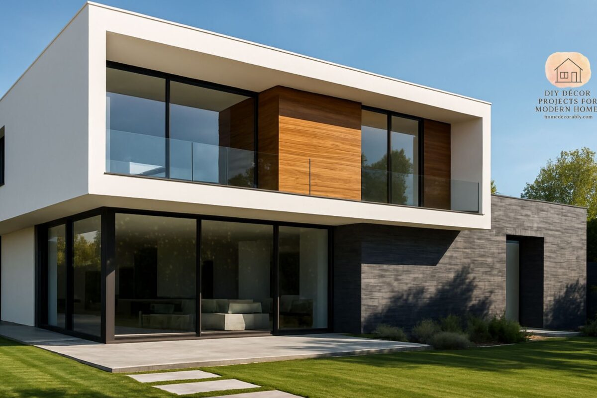 Modern house outside with sleek minimalist design, large glass windows, and eco-friendly greenery creating a stunning curb appeal.