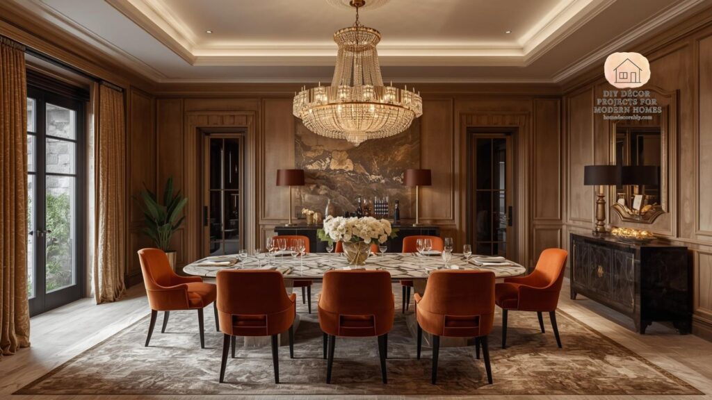 Elegant upscale dining decor ideas featuring statement lighting, luxurious textures, and bold color accents for a sophisticated atmosphere.
