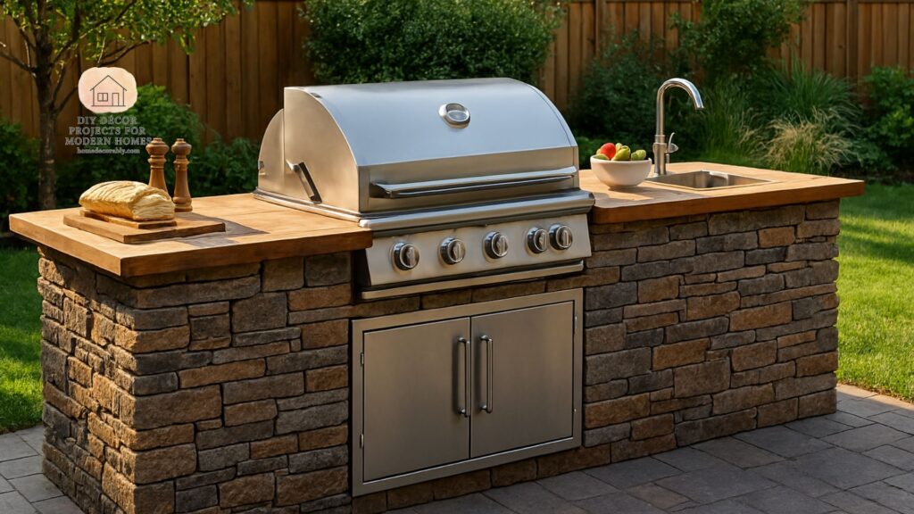DIY barbecue island with rustic stone and wood design, creating a cozy backyard grilling space