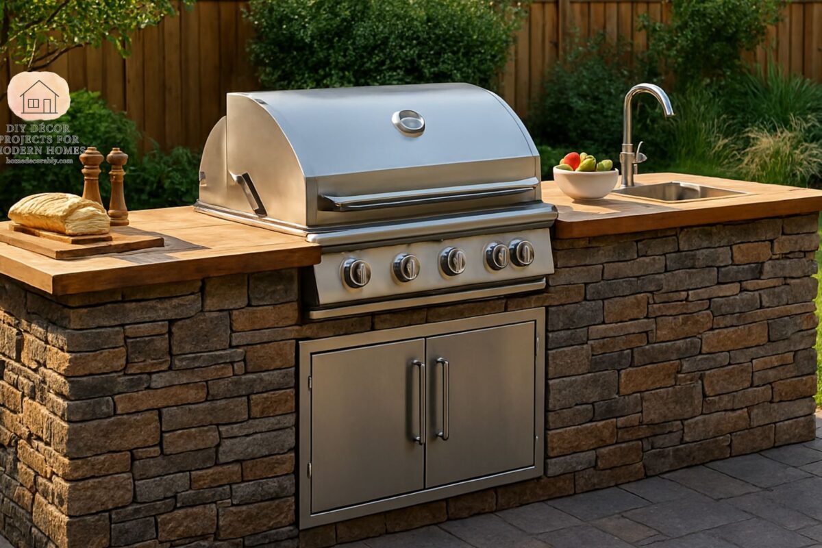 DIY barbecue island with rustic stone and wood design, creating a cozy backyard grilling space