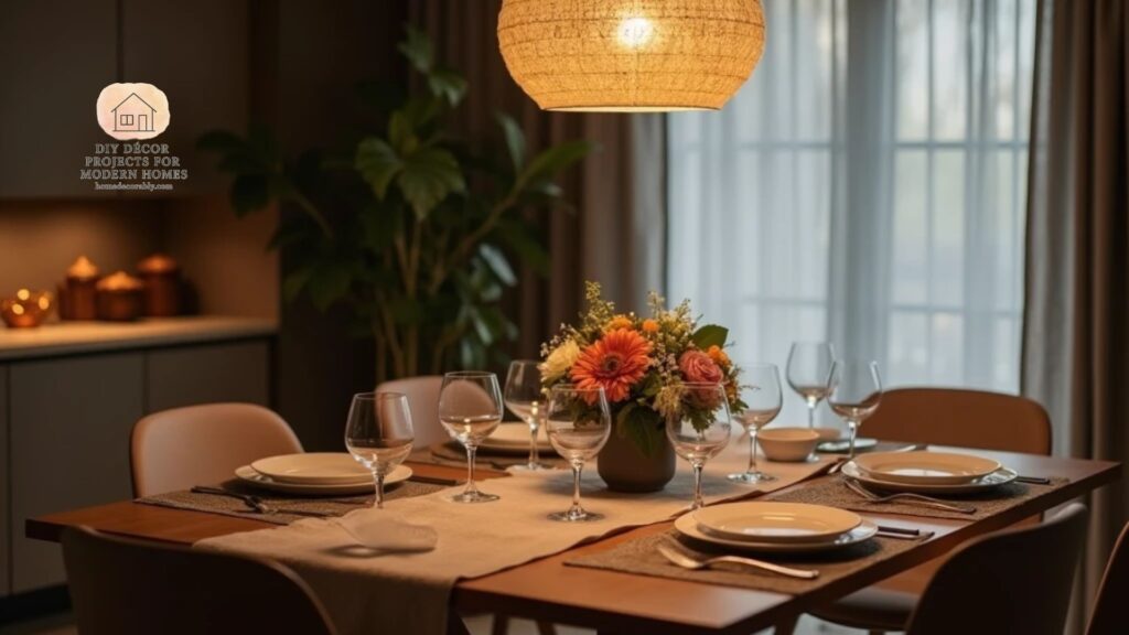 Cozy compact dining table styled with a low floral centerpiece, layered runner and placemats, warm pendant lighting, and neatly arranged place settings conveying intimate, elegant hospitality.