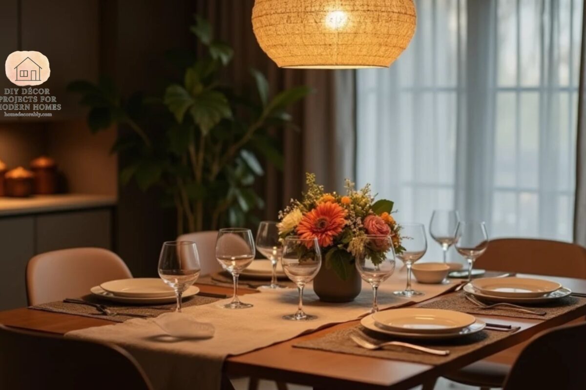 Cozy compact dining table styled with a low floral centerpiece, layered runner and placemats, warm pendant lighting, and neatly arranged place settings conveying intimate, elegant hospitality.