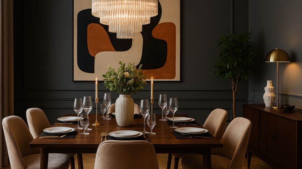 Elegant upscale dining decor ideas featuring statement lighting, luxurious textures, and bold color accents for a sophisticated atmosphere.