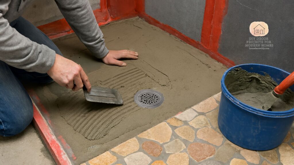 DIY process of building a custom shower pan with mortar and tiles, showing durability and cost savings.