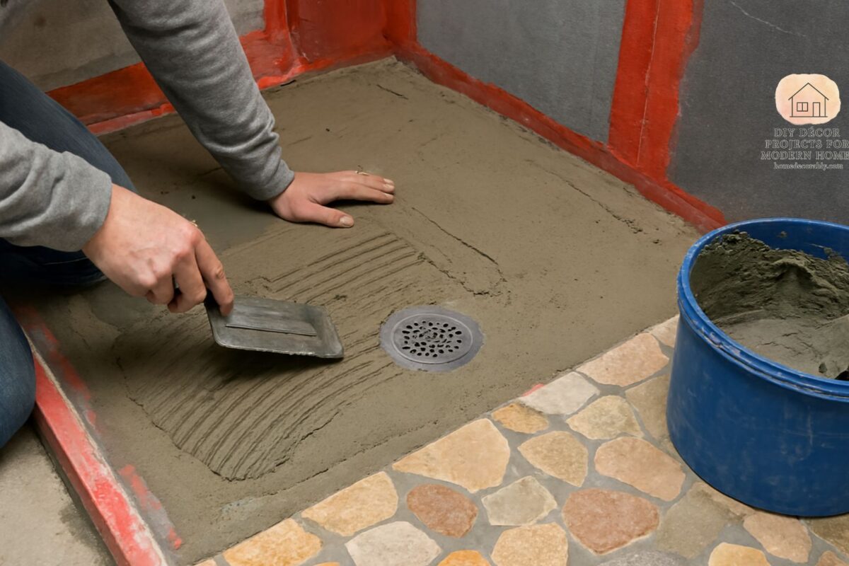 DIY process of building a custom shower pan with mortar and tiles, showing durability and cost savings.
