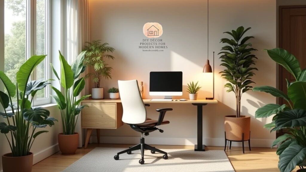 Spa-like home office with adjustable desk, ergonomic chair, warm lighting, green plant, and tidy desk for calm productivity.