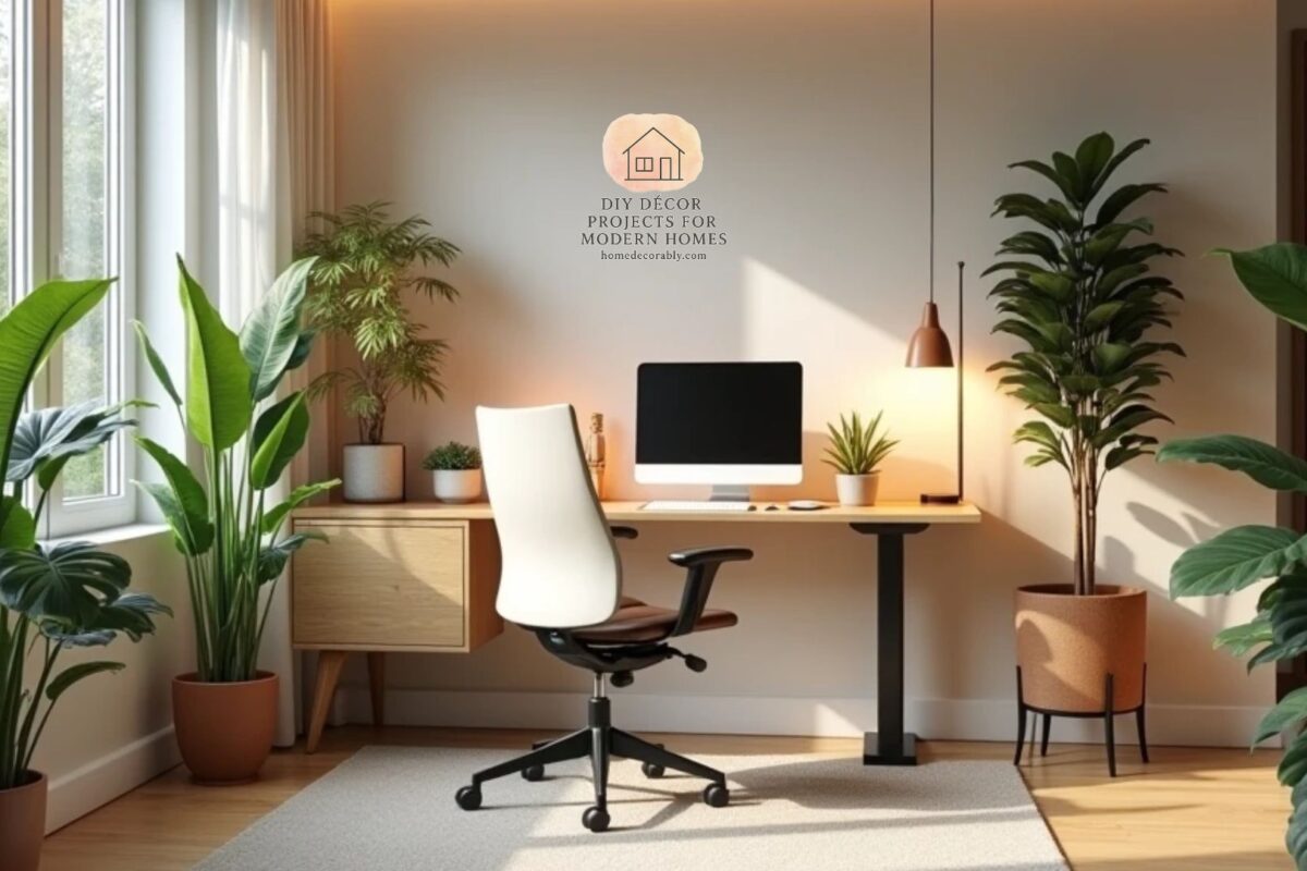 Spa-like home office with adjustable desk, ergonomic chair, warm lighting, green plant, and tidy desk for calm productivity.