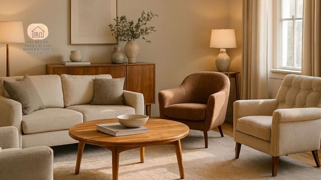 Cozy living room layout with round coffee table, layered lighting, and face-to-face seating arrangement designed to encourage warm conversations and social interaction.