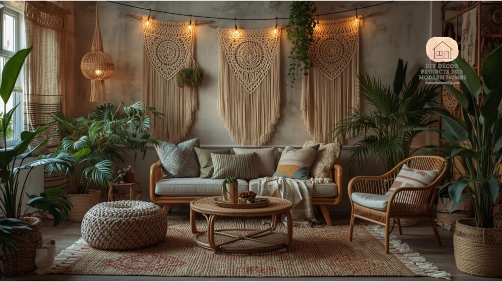 DIY boho living room décor featuring layered rugs, macramé wall art, plants, and eclectic handmade accents for a cozy bohemian vibe