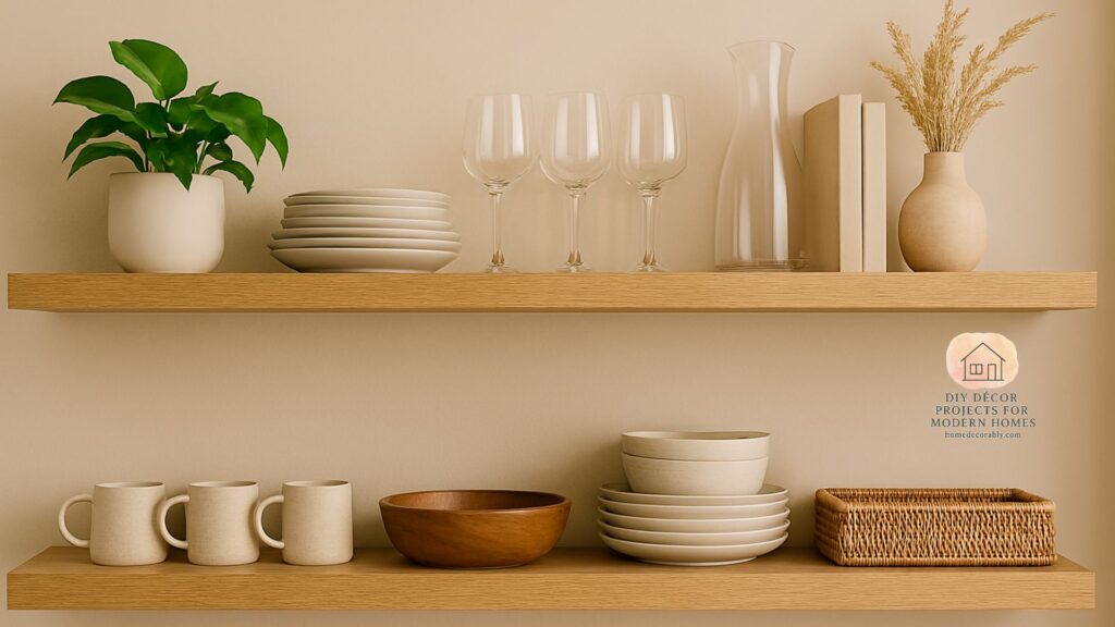 A modern kitchen with open shelves styled with dinnerware, glassware, plants, and decorative accents in a minimalist design