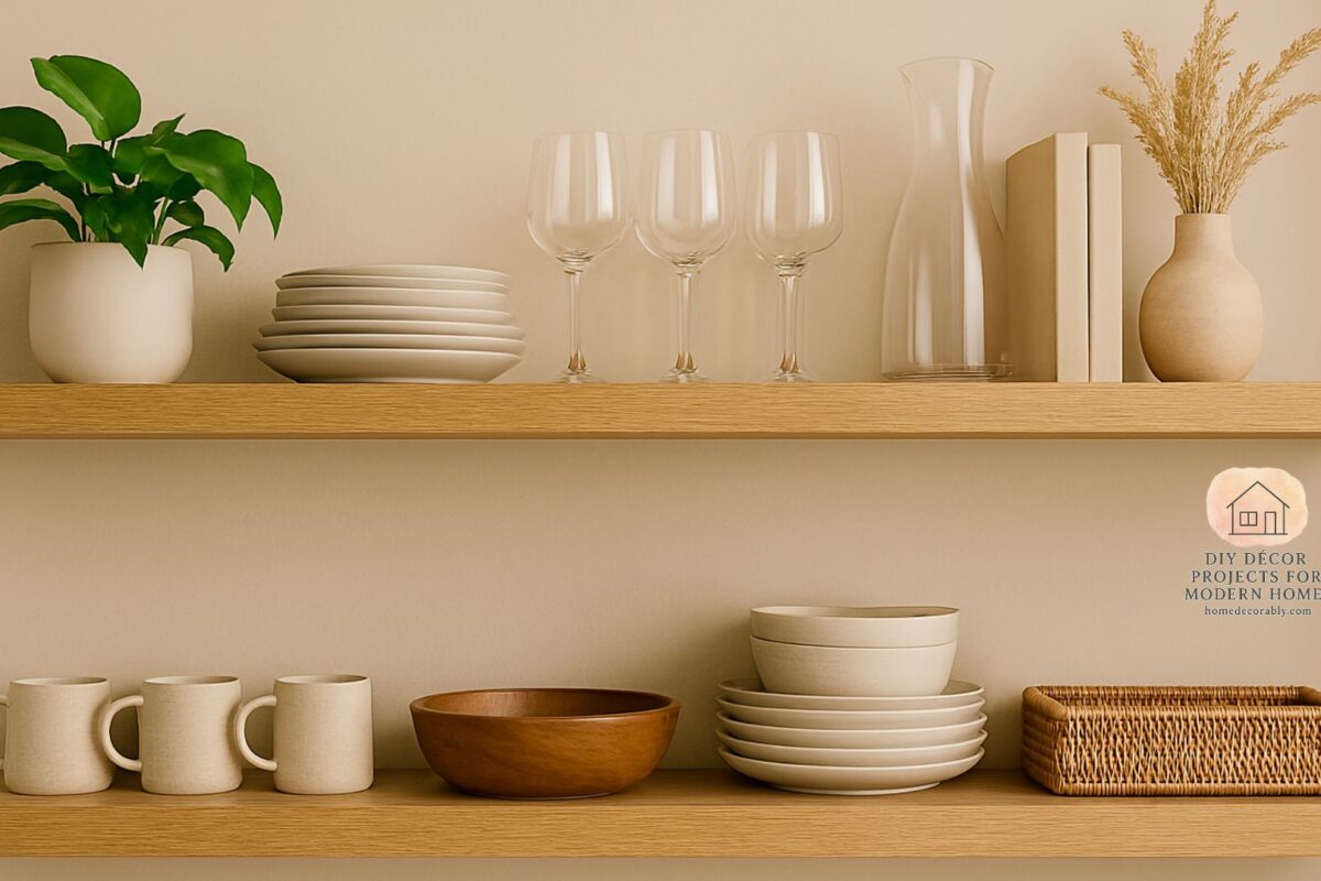 A modern kitchen with open shelves styled with dinnerware, glassware, plants, and decorative accents in a minimalist design