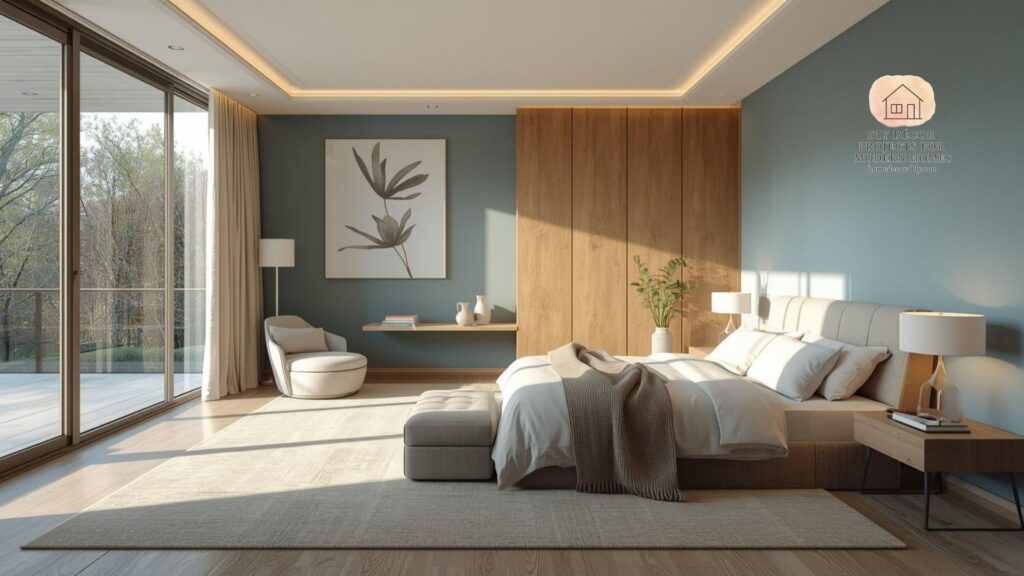 Modern bedroom with ideal colors for bedroom walls, blending calming blue and warm beige tones to create a cozy, mood‑boosting atmosphere