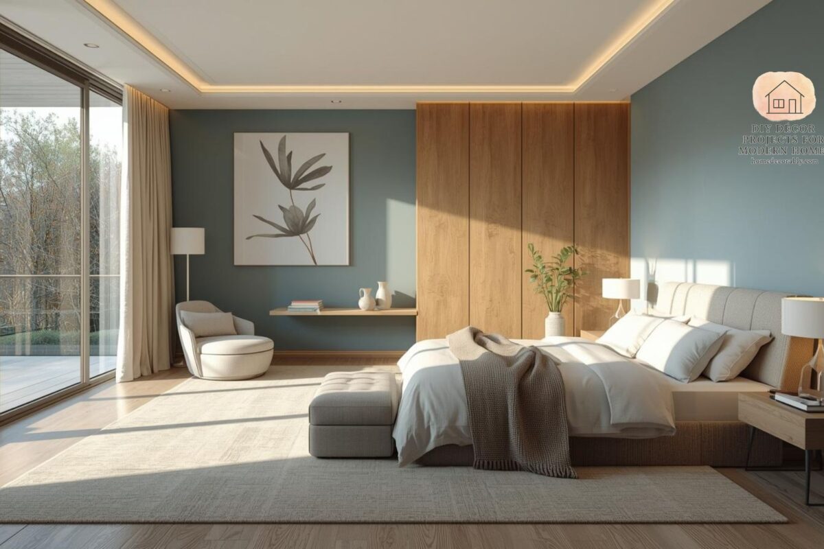 Modern bedroom with ideal colors for bedroom walls, blending calming blue and warm beige tones to create a cozy, mood‑boosting atmosphere