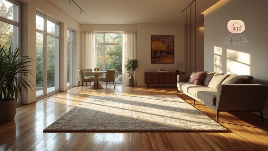 Modern living room with hardwood floors and a stylish rug, creating warmth and inviting atmosphere