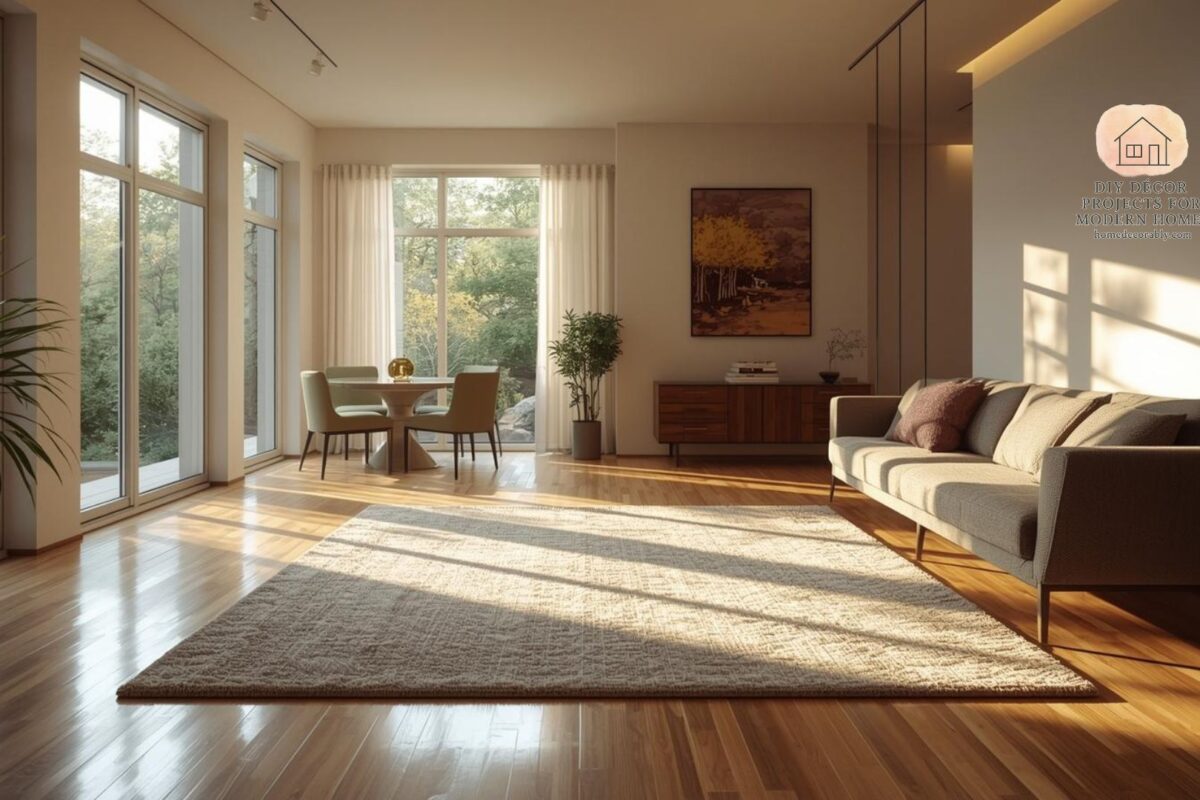 Modern living room with hardwood floors and a stylish rug, creating warmth and inviting atmosphere